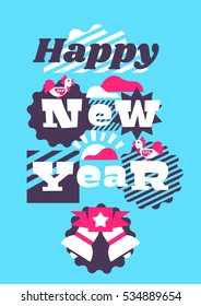 Greeting card happy new year. Typographical printing. Year of the rooster. Sunrise, clouds. Animals and letters. Bells, ribbon. Label, isolated objects on background. Vector illustration