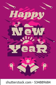 Greeting card happy new year. Typographical printing. Year of the rooster. Sunrise, clouds, stars. Animals and letters. Bells, ribbon. Label, isolated objects on background. Vector illustration