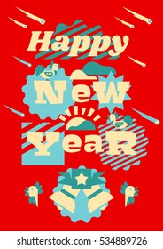 Greeting card happy new year. Typographical printing. Year of the rooster. Sunrise, clouds, stars. Animals and letters. Bells, ribbon. Label, isolated objects on background. Vector illustration