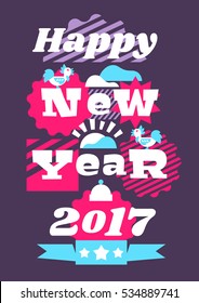 Greeting card happy new year. Typographical printing. Year of the rooster. Sunrise, clouds. Animals and letters. Label, isolated objects on background. The magic and joy. Vector illustration
