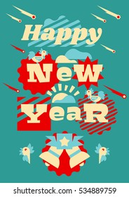 Greeting card happy new year. Typographical printing. Year of the rooster. Sunrise, clouds, stars. Animals and letters. Bells, ribbon. Label, isolated objects on background. Vector illustration