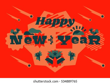 Greeting card happy new year. Typographical printing. Year of the rooster. Sunrise, clouds, stars. Animals and letters. Bells, ribbon. Label, isolated objects on background. Vector illustration