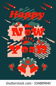 Greeting card happy new year. Typographical printing. Year of the rooster. Sunrise, clouds, stars. Animals and letters. Bells, ribbon. Label, isolated objects on background. Vector illustration