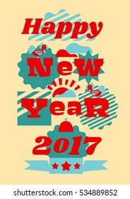 Greeting card happy new year. Typographical printing. Year of the rooster. Sunrise, clouds. Animals and letters. Label, isolated objects on background. The magic and joy. Vector illustration