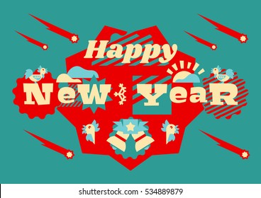 Greeting card happy new year. Typographical printing. Year of the rooster. Sunrise, clouds, stars. Animals and letters. Bells, ribbon. Label, isolated objects on background. Vector illustration