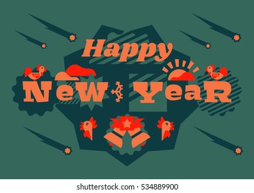 Greeting card happy new year. Typographical printing. Year of the rooster. Sunrise, clouds, stars. Animals and letters. Bells, ribbon. Label, isolated objects on background. Vector illustration
