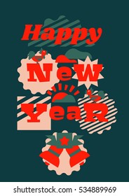 Greeting card happy new year. Typographical printing. Year of the rooster. Sunrise, clouds. Animals and letters. Bells, ribbon. Label, isolated objects on background. Vector illustration