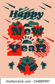 Greeting card happy new year. Typographical printing. Year of the rooster. Sunrise, clouds, stars. Animals and letters. Bells, ribbon. Label, isolated objects on background. Vector illustration