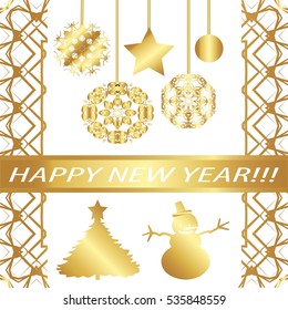 Greeting card "happy New Year !"Golden style,abstract,elements,frame, gold designs on a white background.Star, garland, ball, snowflake, ribbon with inscription. Christmas tree and snowman.