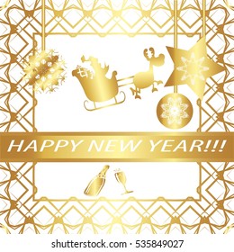 Greeting card "happy New Year !"Golden style, abstract,elements,frame, gold patterns on a white background.Star, garland, ball, snowflake, ribbon with inscription. Santa Claus in sled with reindeer.