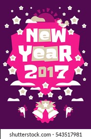 Greeting Card Happy New Year. Typographical printing. Raccoon welcomes sunrise. Fireworks, celebration, joy. Bells, clouds. Vector illustration. Orange background