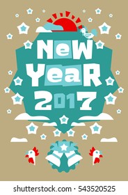 Greeting Card Happy New Year. Typographical printing. Raccoon welcomes sunrise. Fireworks, celebration, joy. Bells, clouds. Vector illustration. Orange background