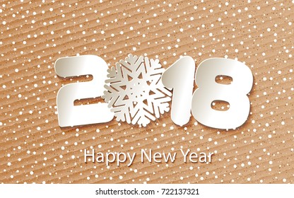 Greeting card Happy New Year 2018 with falling snow. Numbers and snowflake cut from paper for holiday card, invitation card, calendar poster, banner. Vector Illustration.