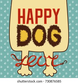 Greeting card. Happy new year, Chinese year of the dog. Silhouette of the puppy with the inscription, background of the paw prints. Vector illustration.