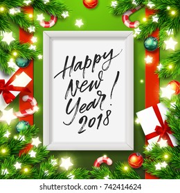 greeting card - Happy new year. Xmas vector background. Hand drawn calligraphy. vector mock up poster frame  