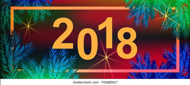Greeting card Happy New Year 2018! Night dark background with a Christmas fir tree vector illustration