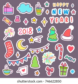 Greeting card Happy New Year. Vector illustration. Use for invitations, prints of clothes, patterns and banners. Set stickers for New Year party with friends: stockings, like, hat, heart, gift, candy
