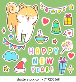 Greeting card Happy New Year. Vector illustration Huskey dog. Cute animal. Around the star. Use for invitations, prints of clothes, patterns and banners. Set of stickers for New Year party with friends