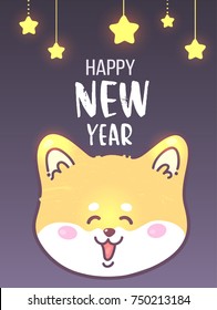 Greeting card Happy New Year. Vector illustration of a hussy dog. Cute animal will give joy and good mood. You can use for invitations, prints of clothes, patterns and banners.