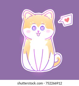 Greeting card Happy New Year. Vector illustration of a hussy dog with big anime eyes. Cute animal. japanese style Kawai. You can use for invitations, prints of clothes, patterns and banners.