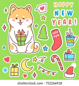Greeting card Happy New Year. Vector illustration hussy dog. Cute animal. Around the star. Use for invitations, prints of clothes, patterns and banners. Set of stickers for New Year party with friends