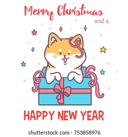 Greeting card Happy New Year. Vector illustration husky dog. Cute animal. Use for invitations, prints of clothes, patterns and banners. Set of stickers for New Year party with friends