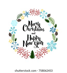 Greeting card Happy new year and Merry Christmas. Decorative New Years wreath. Lettering Merry Christmas and Happy New Year