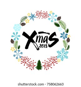 Greeting card Happy new year and Merry Christmas. Decorative New Years wreath. Lettering Merry Christmas and Happy New Year