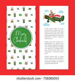 Greeting card. Happy New Year! Cheerful vector illustration. A fun dog character 2018 flying on the plane.