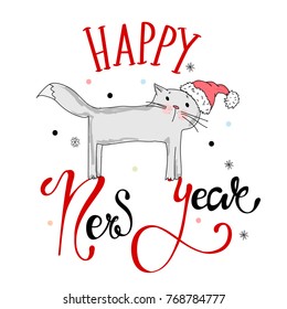  Greeting Card Happy New Year and Merry Christmas with Kitten Pet