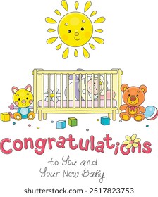 Greeting card with a happy newborn child in a small crib among funny baby toys in a nursery room with a friendly smiling sun, vector cartoon illustration on a white background
