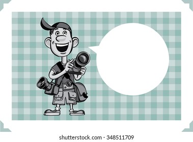 Greeting card with happy photographer with cameras - place your custom text