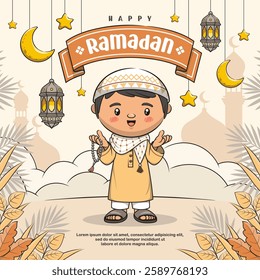 Greeting Card Happy Ramadan With Muslim Boy. Cartoon Illustration