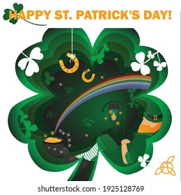 Greeting card Happy Saint Patrick's Day with gold coins, rainbow, clover and leprechaun in his home. Vector.