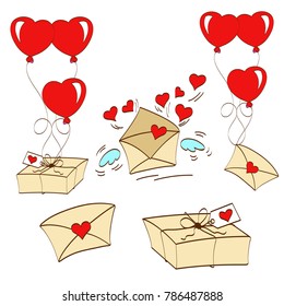 greeting card happy saint valentine day, bank with hearts, letter with wings, envelope, balloons in uniforms, stickers, vector illustration
