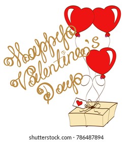 greeting card happy saint valentine day, bank with hearts, letter with wings, envelope, balloons in uniforms, stickers, vector illustration
