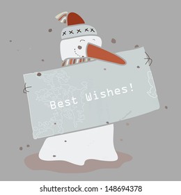 Greeting Card with happy snowman. Best wishes!