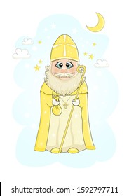 Greeting card for happy St. Nicholas. Cute cartoon Saint Nicholas with big and kind eyes on a light background with stars and moon.