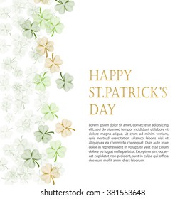 Greeting card Happy St Patrick's Day. Patricks Day background of green and gold shamrocks. Free space for text. Template for Patrick postcard. Title - Happy St. Patrick's day