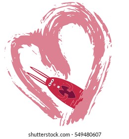 Greeting card happy St. Valentine's Day. The animated image of a lovely amusing rabbit with a heart