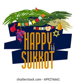 Greeting card "Happy Sukkot". Harvest festival. Autumn Fest. Jewish holiday tradition. Vector illustration