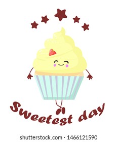 greeting card. Happy sweets cupcake or muffin horn with eyes and a smile