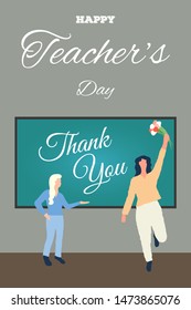 Greeting card for Happy Teacher's Day. Woman with a bouquet of flowers and a student standing in a classroom near the blackboard. The girl wrote on the chalkboard - Thank you. Flat vector template.