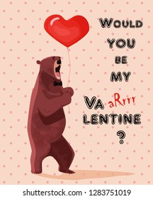 Greeting card Happy Valentine's Day. Growling brown bear with heart-shaped balloon.