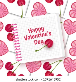 Greeting card Happy Valentine's Day, card with Seamless, endless background with sweets and red cherries. Background for poster or banner, vector illustration