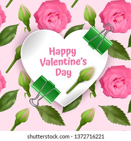 Greeting card Happy Valentine's Day, card with Seamless, endless background with bright pink roses and green leaves. Background for poster or banner, vector illustration