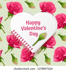Greeting card Happy Valentine's Day, card with Seamless, endless background with bright pink roses. Background for poster or banner, vector illustration