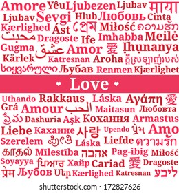 Greeting card "Happy Valentine's Day", pattern of the words "love" in different languages of the world