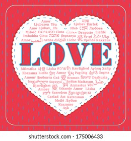 Greeting card "Happy Valentine's Day", heart-shaped words "love" in different languages of the world