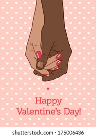 Greeting card "Happy Valentine's Day", with holding hands couple black-skinned man and dark-skinned woman